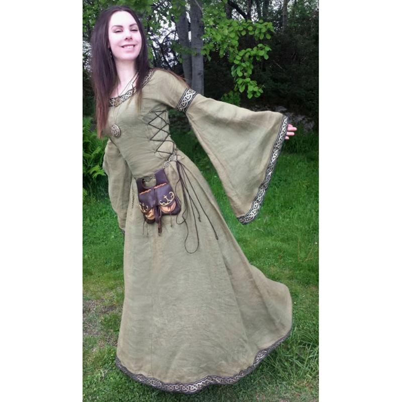 Halloween Round Neck Flared Sleeve waist Medieval Large Size Long Dress
