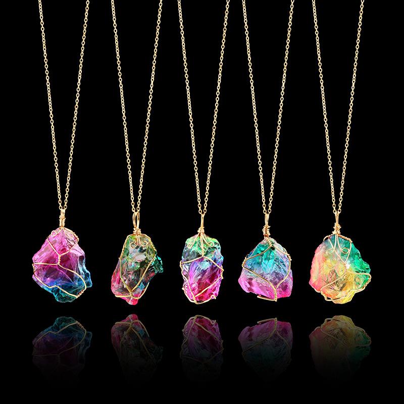 Natural Rough Crystal Pendant Transparent Multi-color Chain Necklace