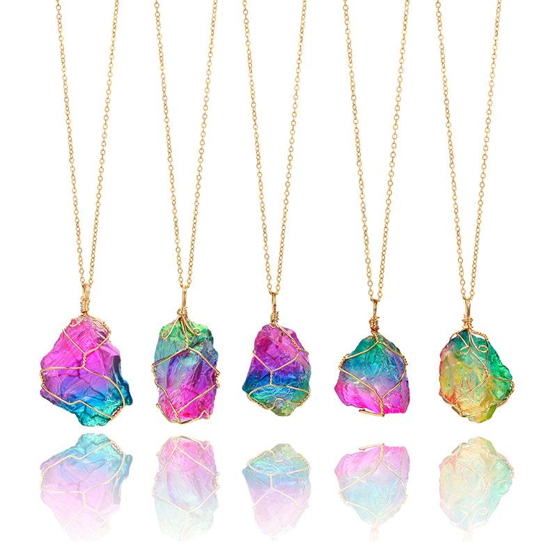 Natural Rough Crystal Pendant Transparent Multi-color Chain Necklace