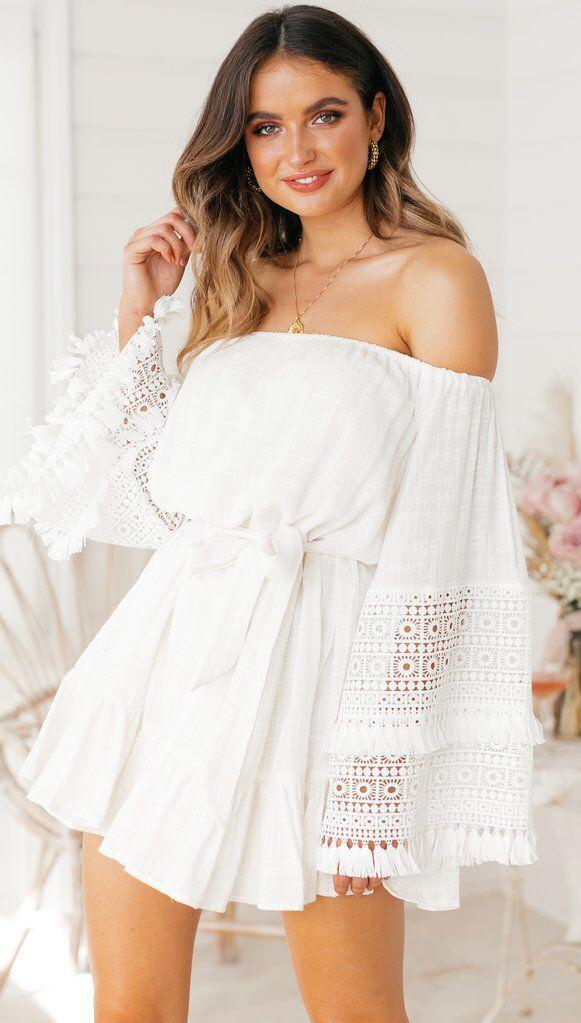 Sexy One-Shoulder Lace Stitching Trumpet Sleeves Off-Shoulder Dress