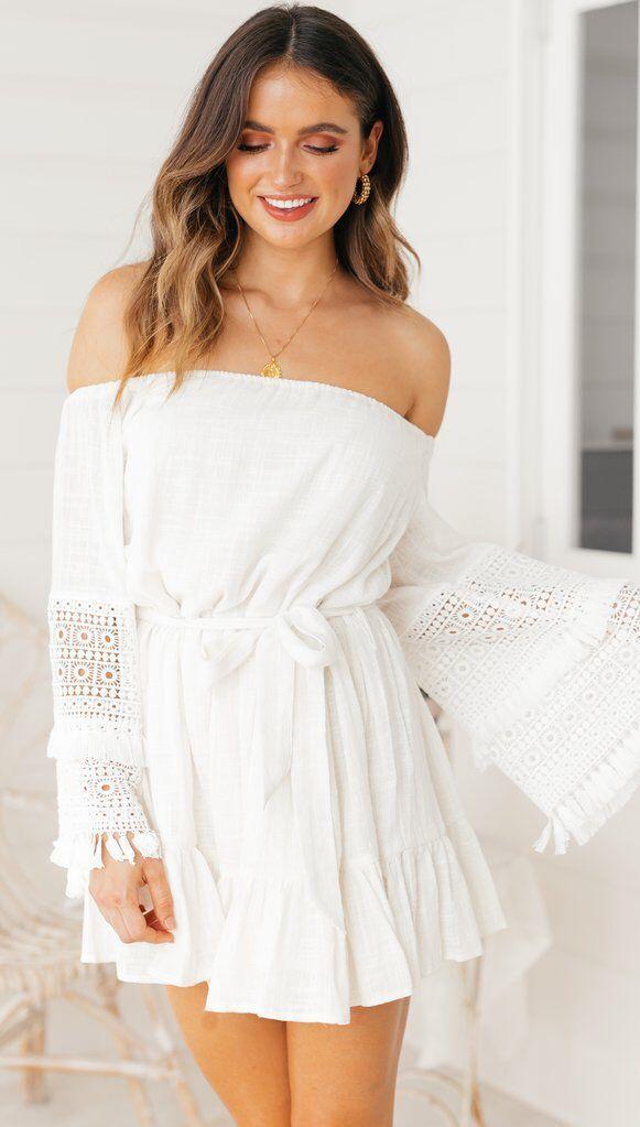 Sexy One-Shoulder Lace Stitching Trumpet Sleeves Off-Shoulder Dress