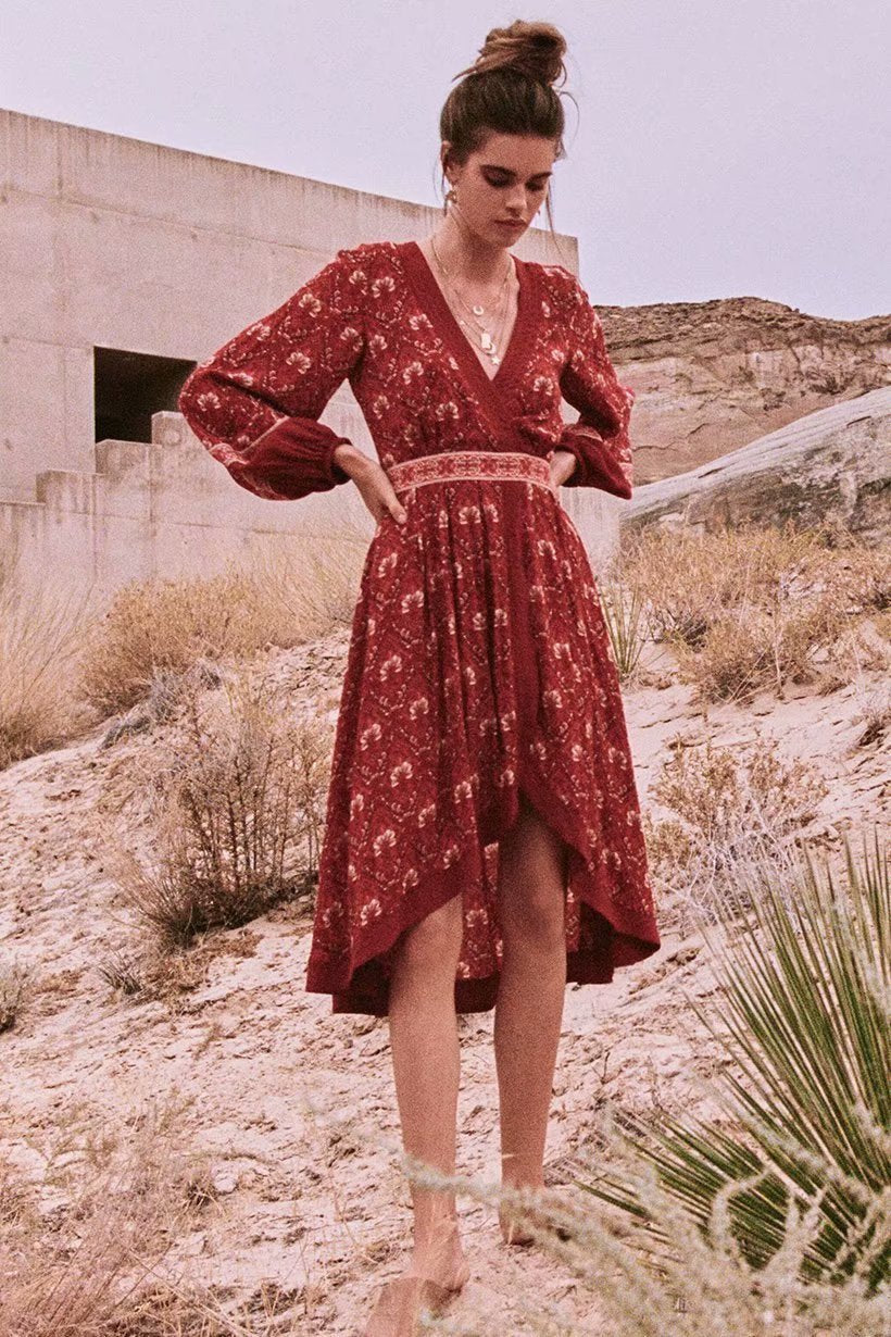 Retro Vacation Big Hem Bohemian Floral Midi Dress