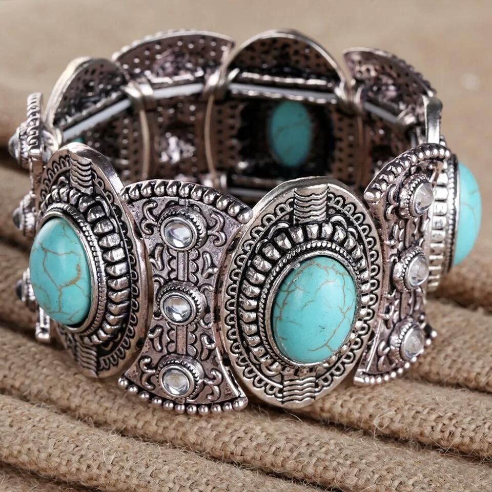 Vintage Ethnic Style Alloy Plated Ancient Silver Turquoise Bracelet