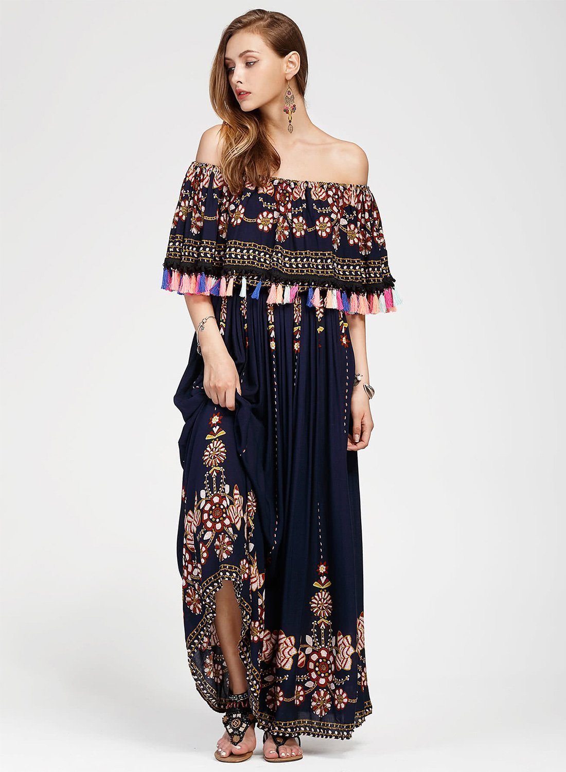 Women s Fashion Boho Floral off Shoulder Maxi Dress