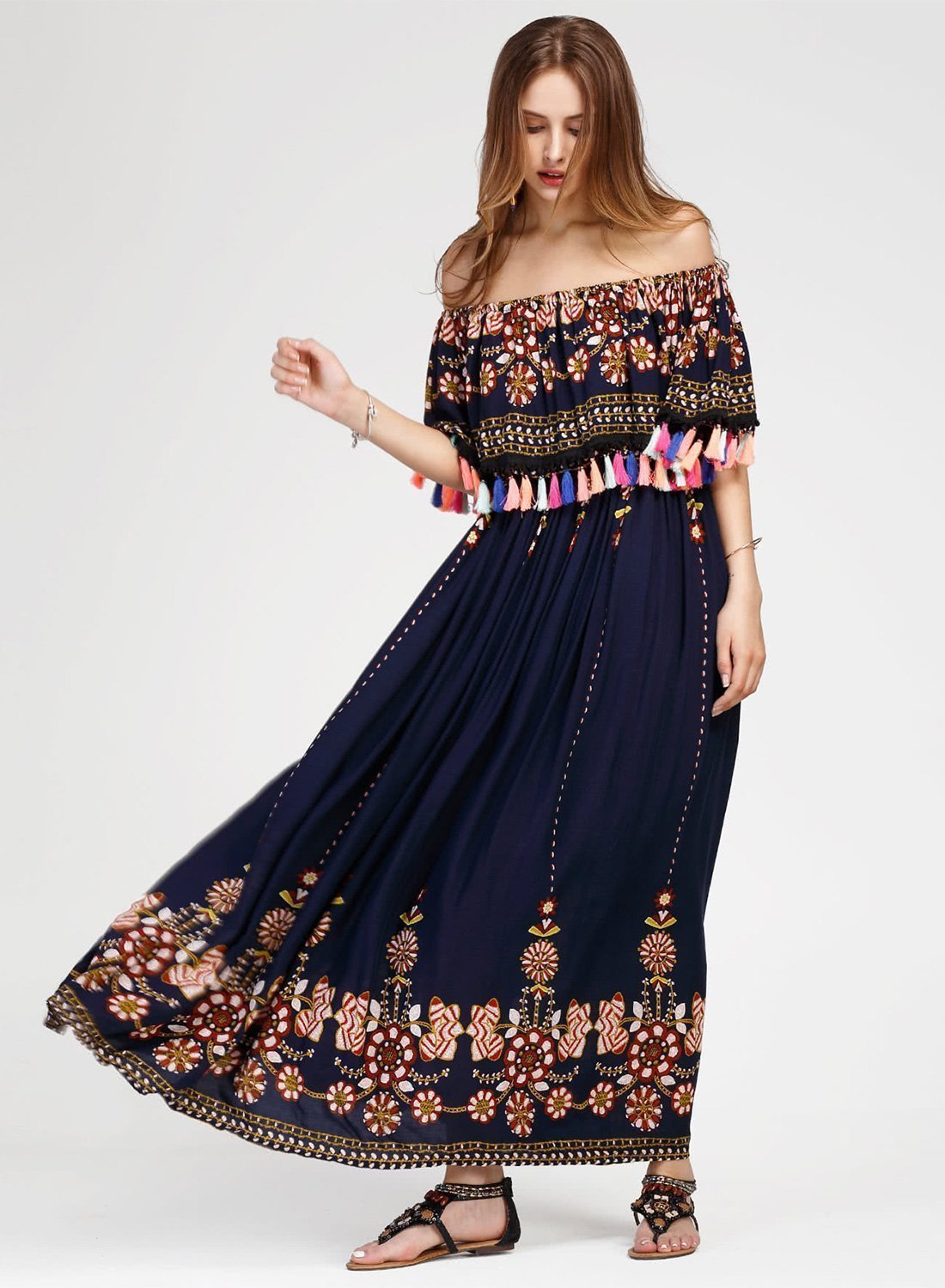 Women s Fashion Boho Floral off Shoulder Maxi Dress