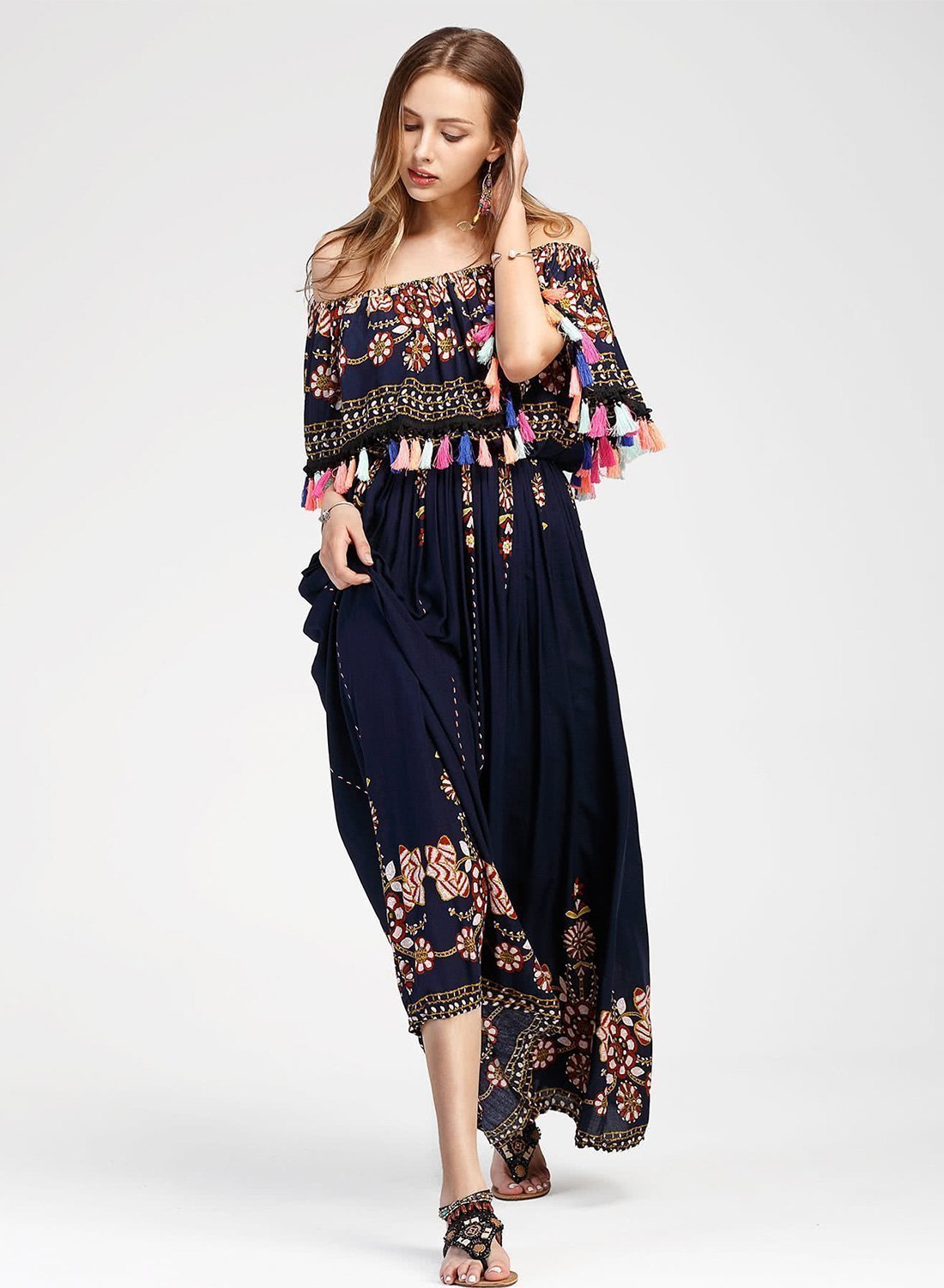 Women s Fashion Boho Floral off Shoulder Maxi Dress