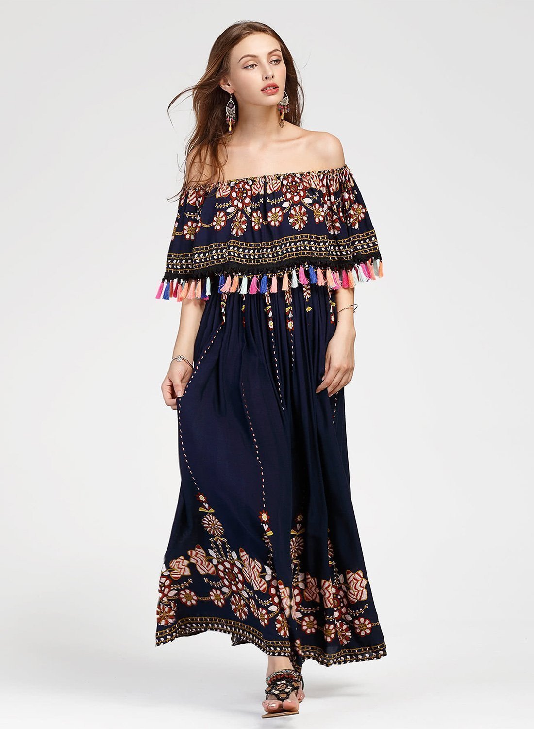 Women s Fashion Boho Floral off Shoulder Maxi Dress