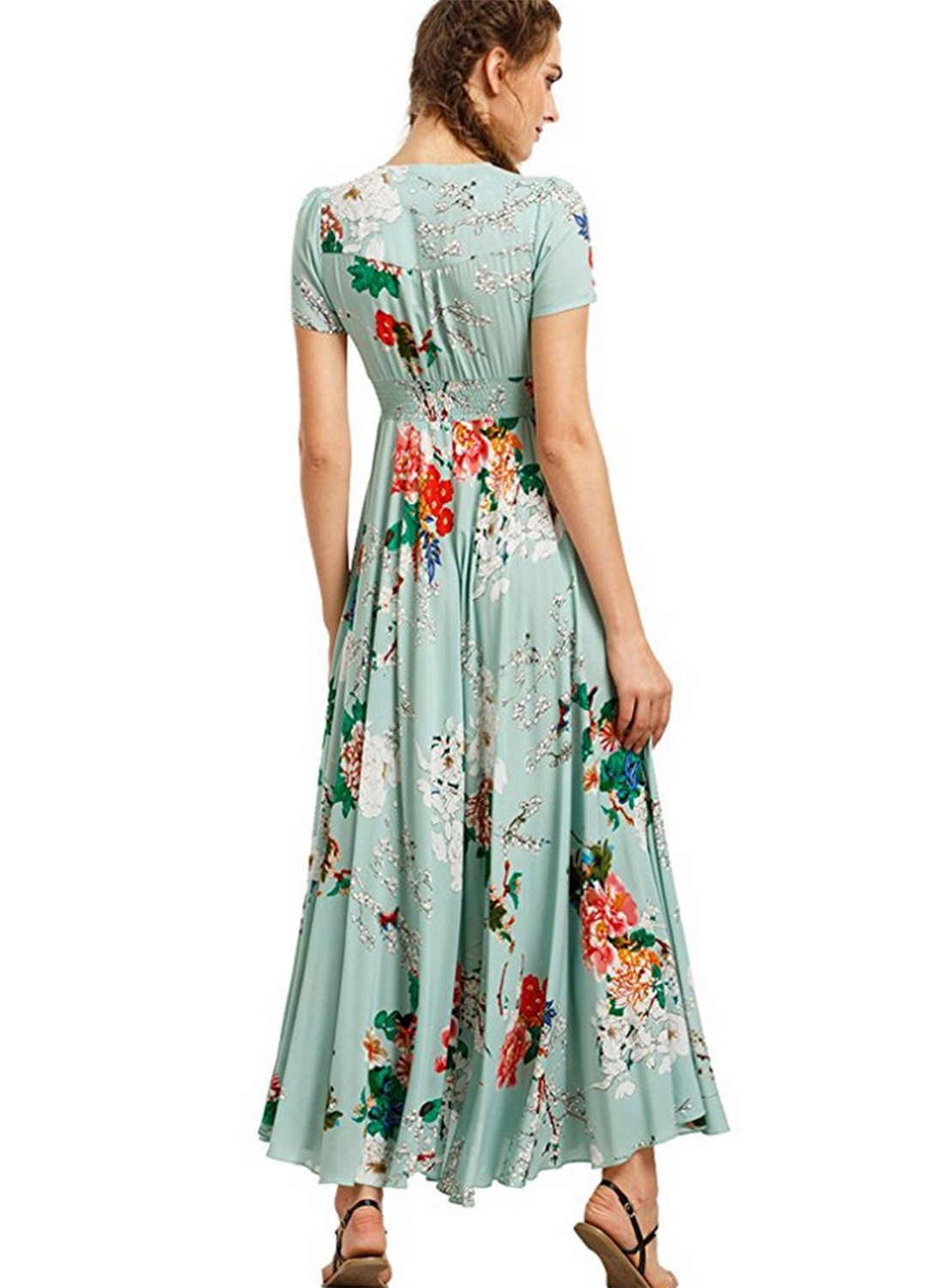 Women s Boho V Neck High Waist Slit Floral Maxi Dress