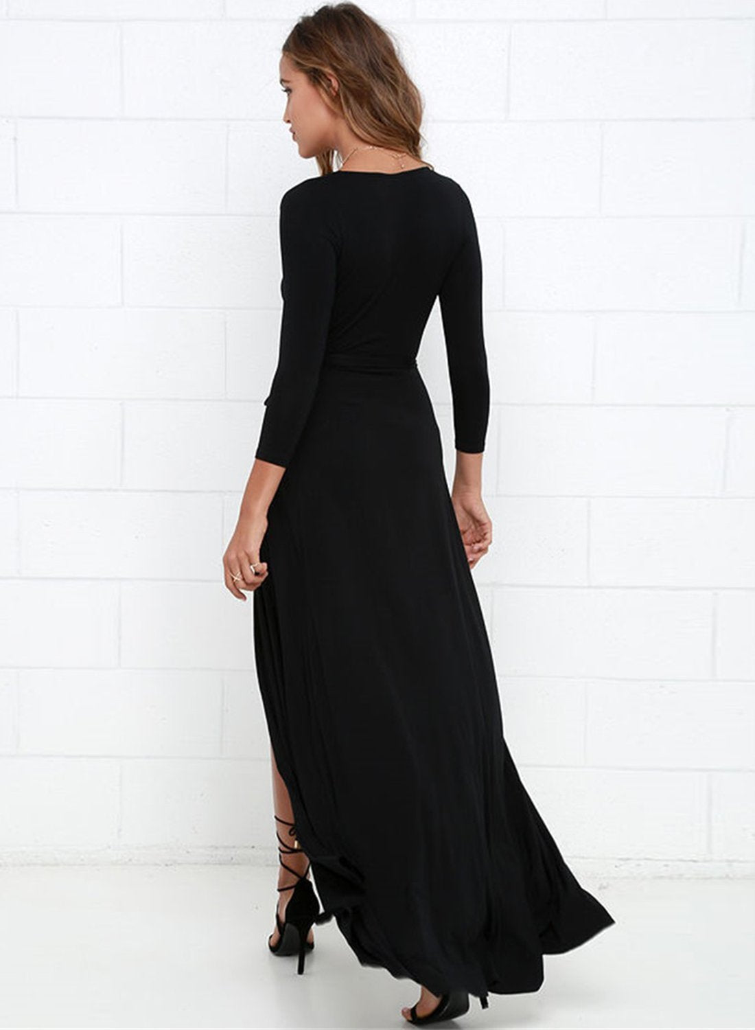 Women s Sexy Deep V Neck Long Sleeve Slit Maxi Dresses