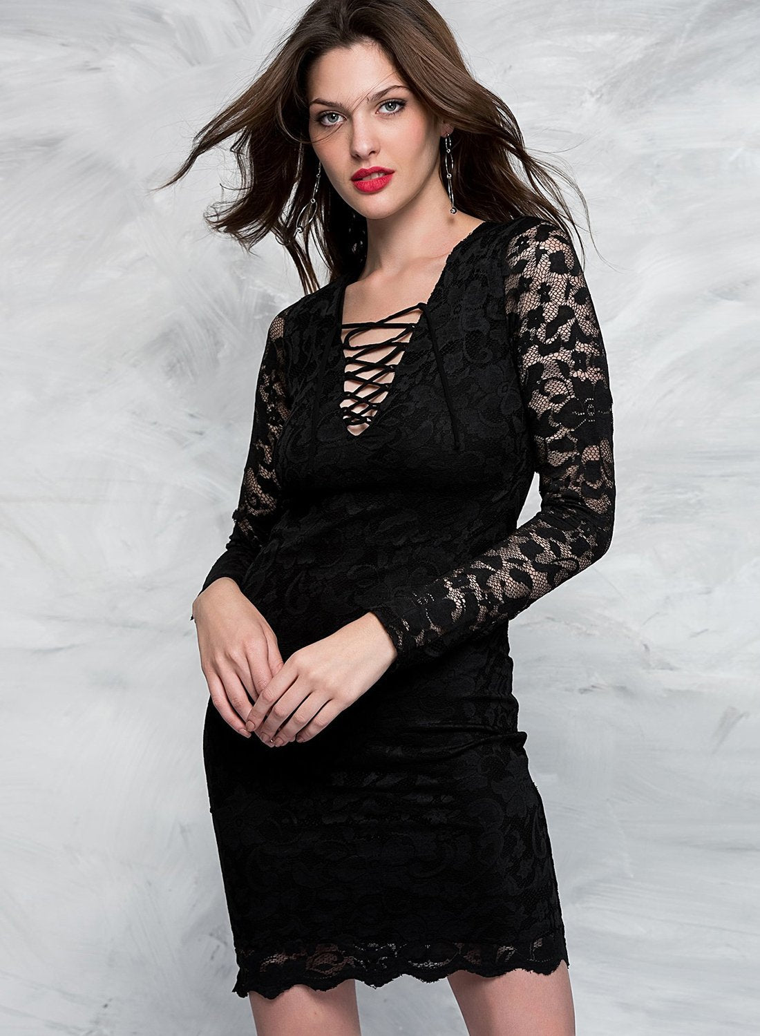 Long Sleeve V Neck Lace Bodycon Dress