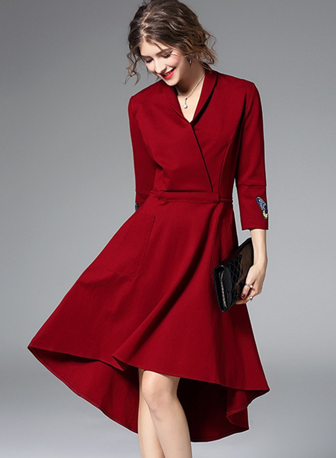 Women s Elegant V Neck 3/4 Sleeve High Low Party Dress