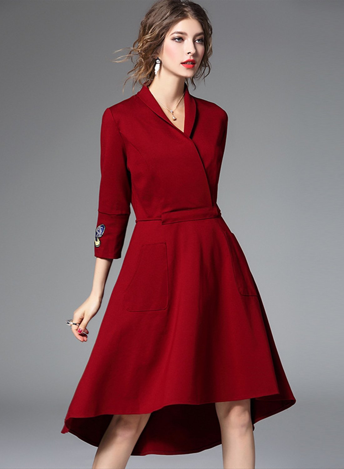 Women s Elegant V Neck 3/4 Sleeve High Low Party Dress