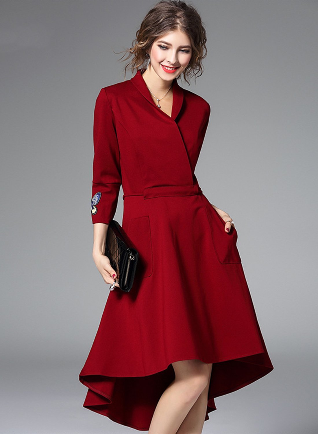 Women s Elegant V Neck 3/4 Sleeve High Low Party Dress