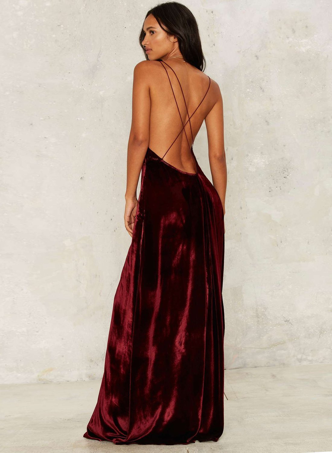 Women s Loose Sleeveless V Neck Backless Velvet Prom Evening Dress