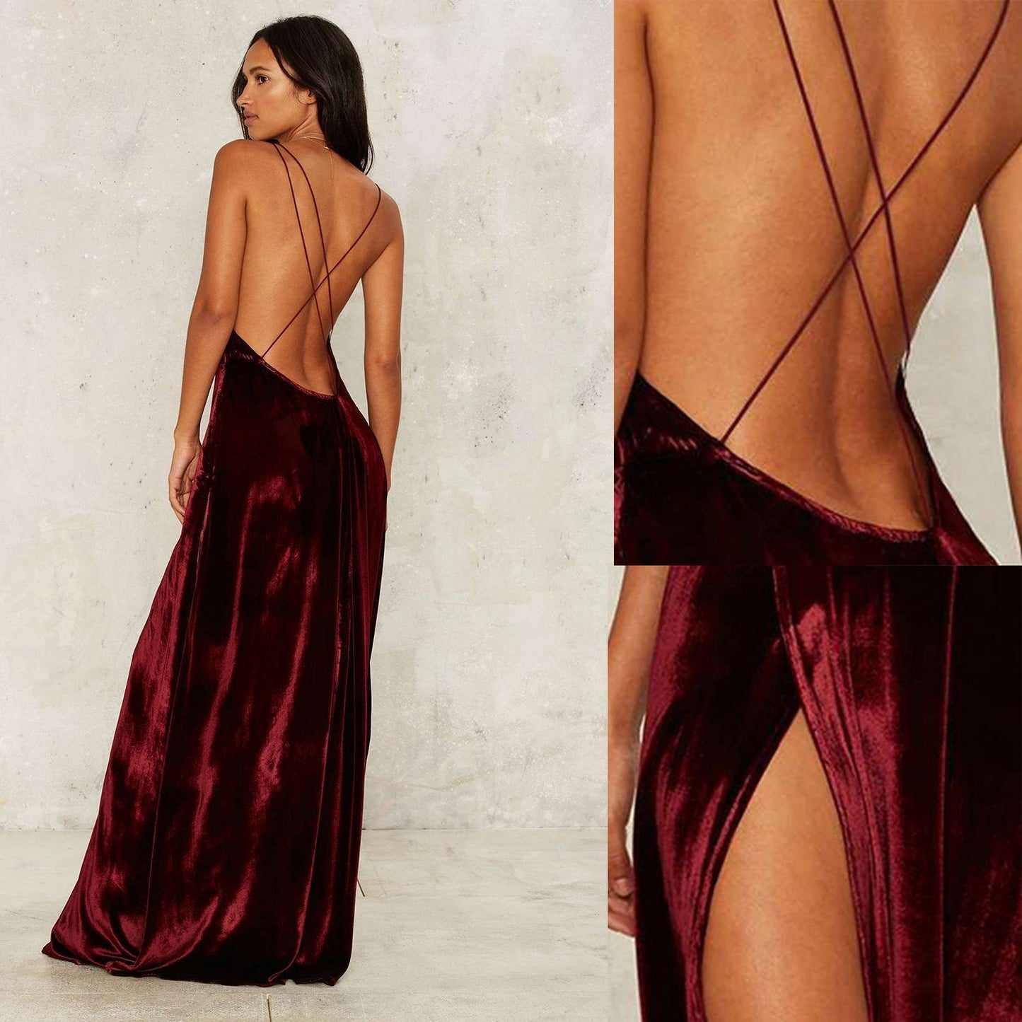 Women s Loose Sleeveless V Neck Backless Velvet Prom Evening Dress