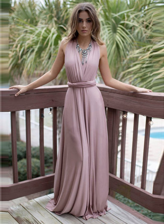 Elegant V Neck Sleeveless Backless Long Prom Dress