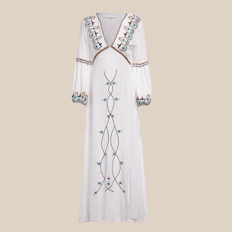 Boho Dress Floral Embroidery White V-Neck Lantern Sleeve Maxi Dress